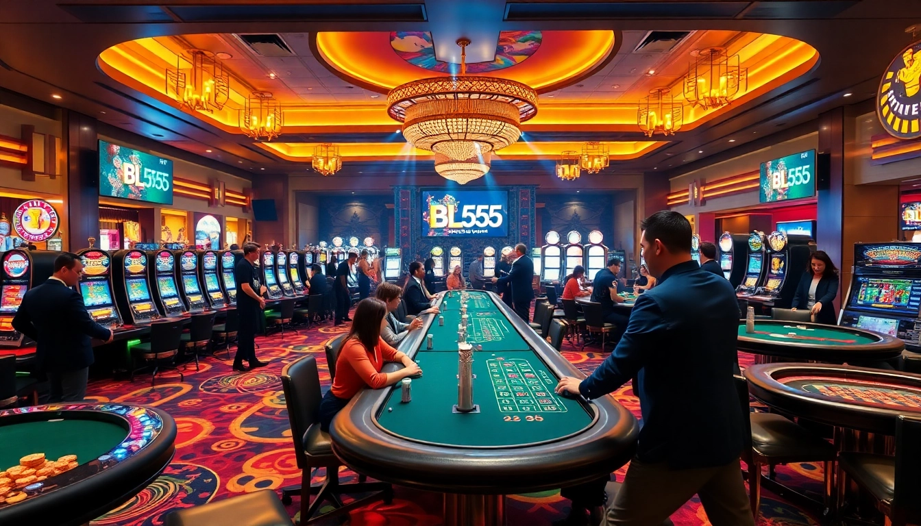 Players enjoying games at BL555 casino with vibrant tables and slot machines.