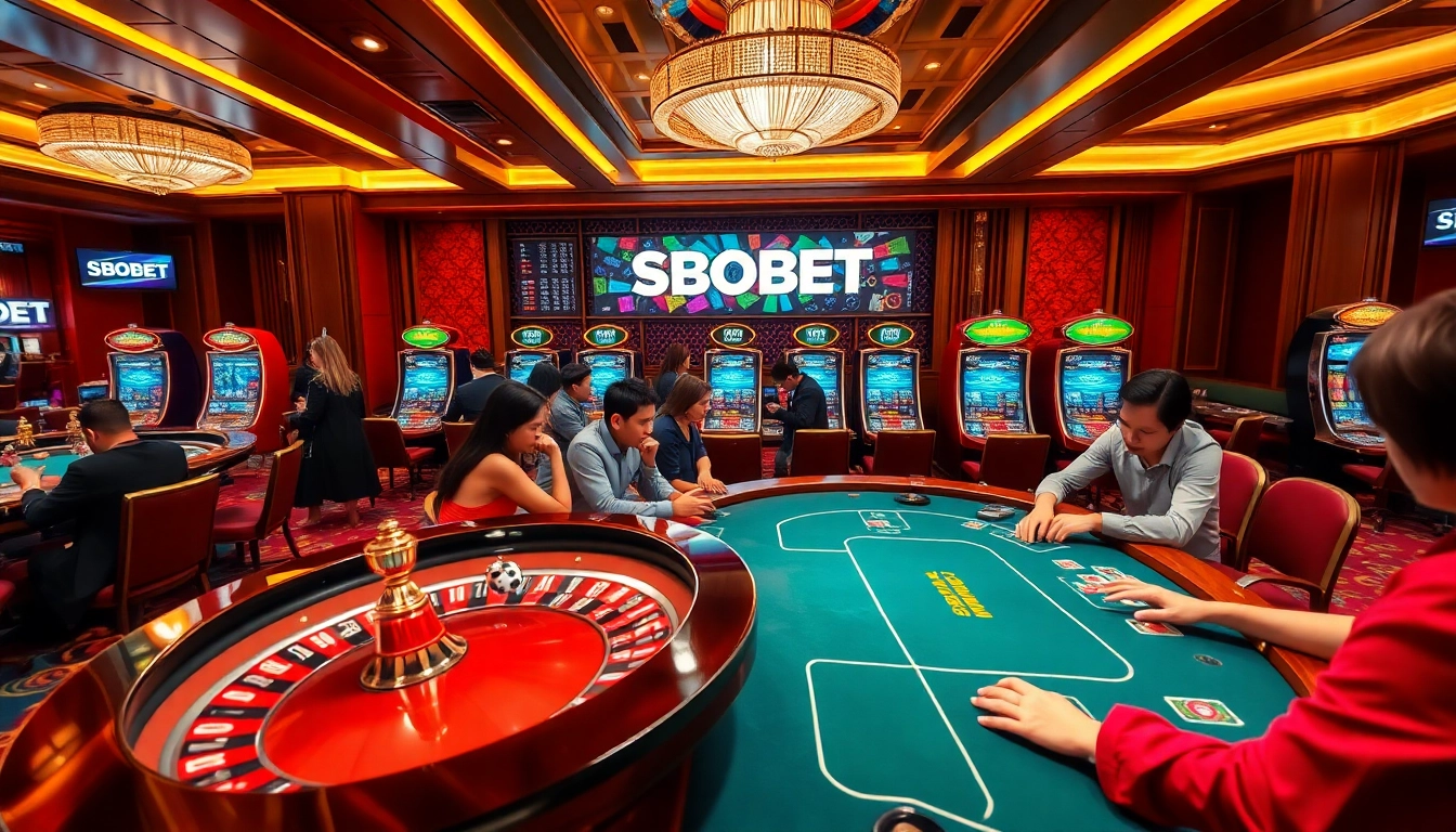 Experience the excitement of SBOBET with a luxurious casino scene featuring poker, roulette, and slot machines.