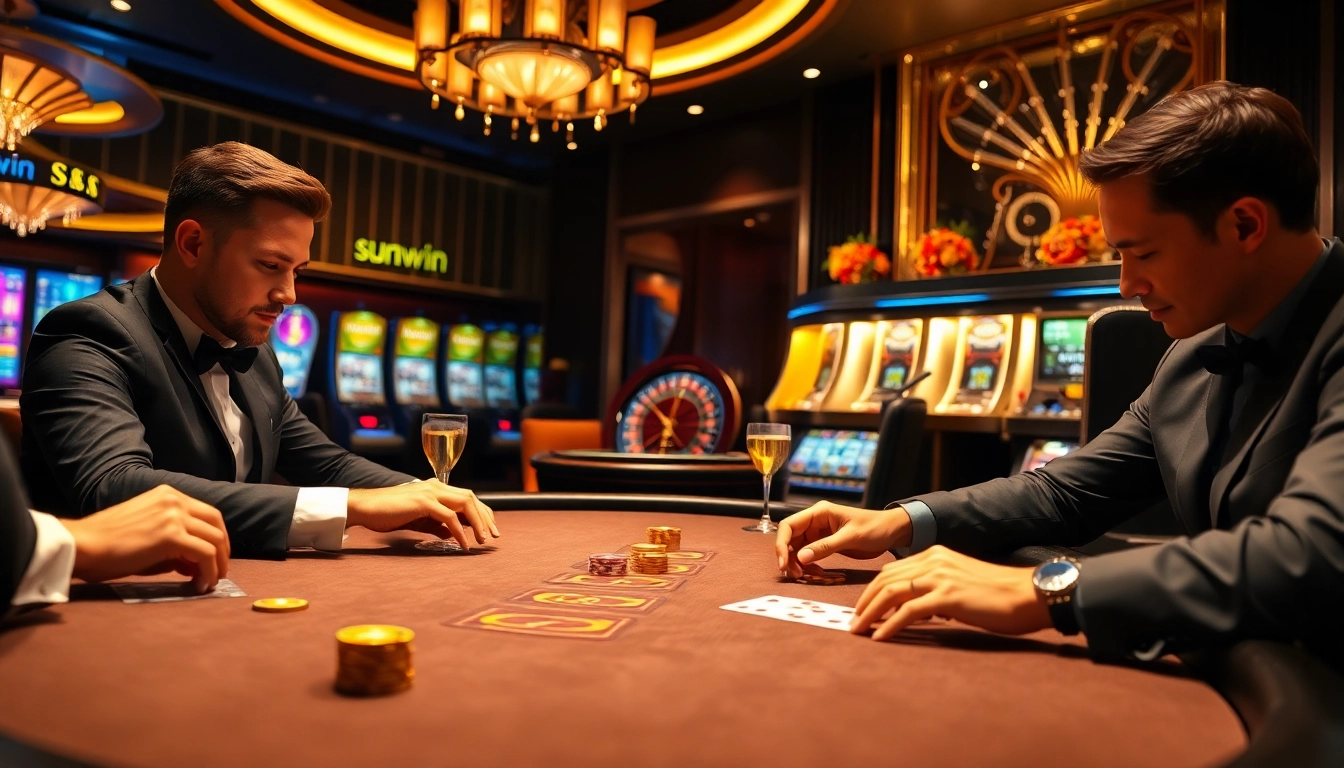 Experience the thrill of sunwin in a glamorous casino scene featuring poker and roulette.