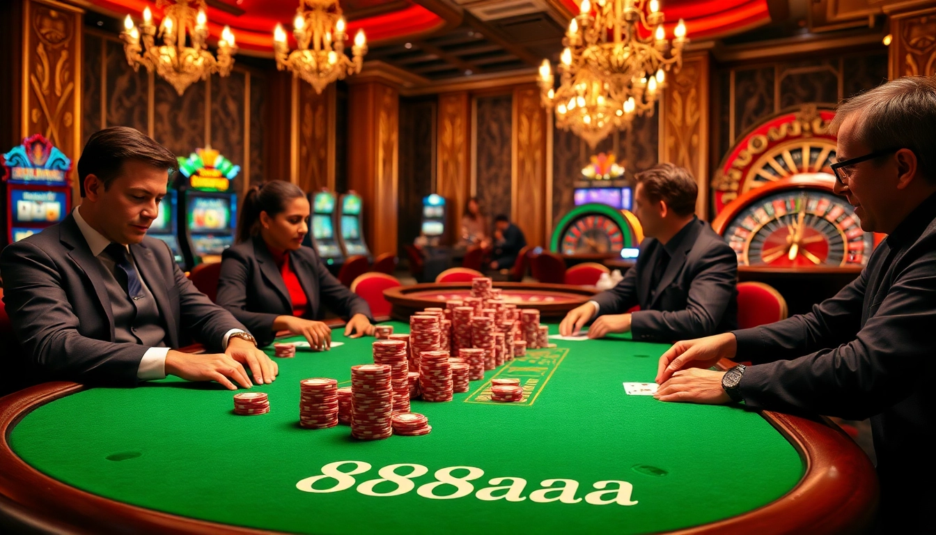 Players engaging in an exciting game of poker at 88aa's luxurious casino table.