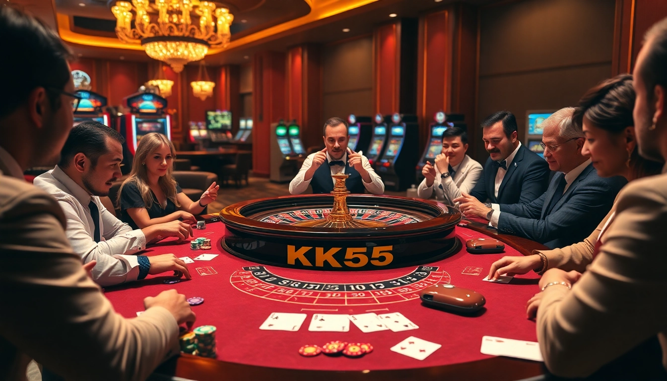 Players enjoying a game at the KK55 roulette table under warm casino lighting.