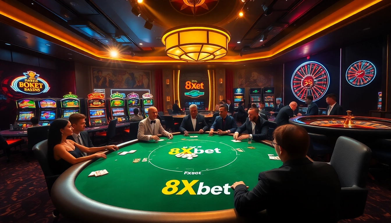 High-stakes poker action at 8Xbet casino with vibrant slot machines in the background.