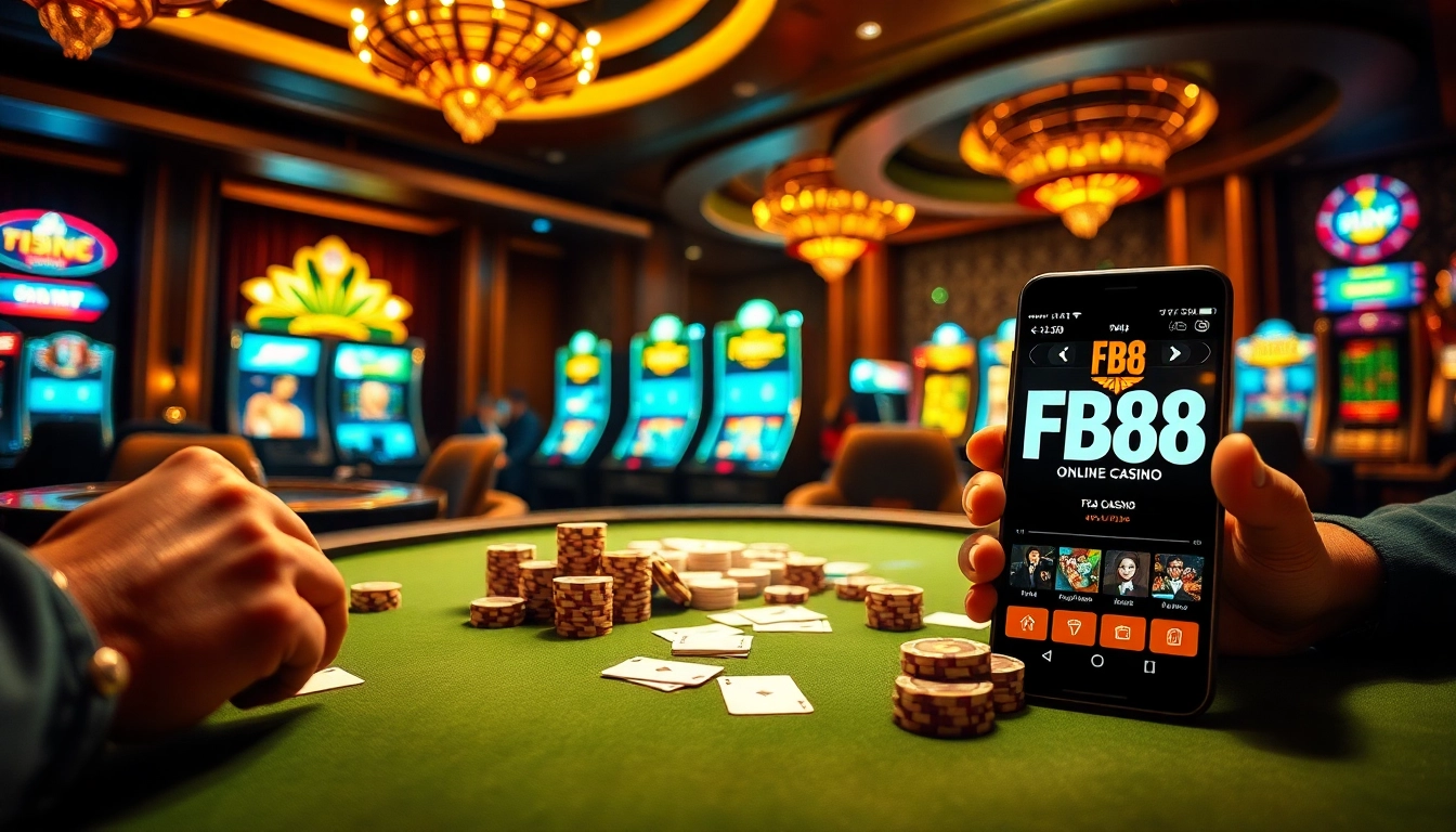 Experience thrilling gameplay at FB68 with poker chips and a luxurious casino table.
