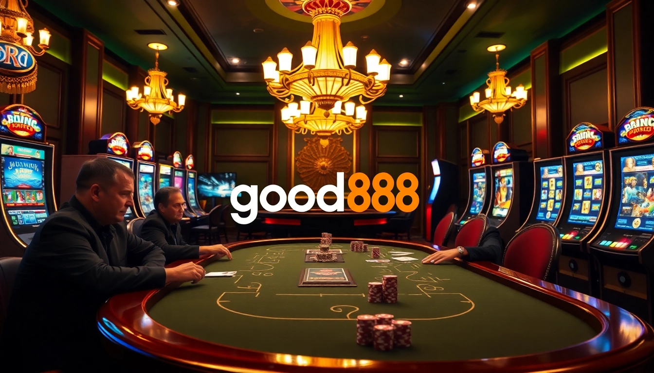 Players strategizing at a poker table in a luxury casino atmosphere featuring good88 branding.