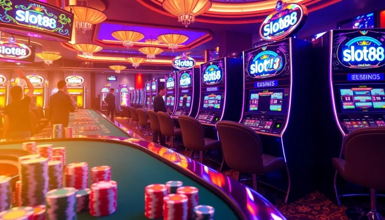 Experience the thrill of slot88 with vibrant slot machines and excited players in a luxurious casino setting.