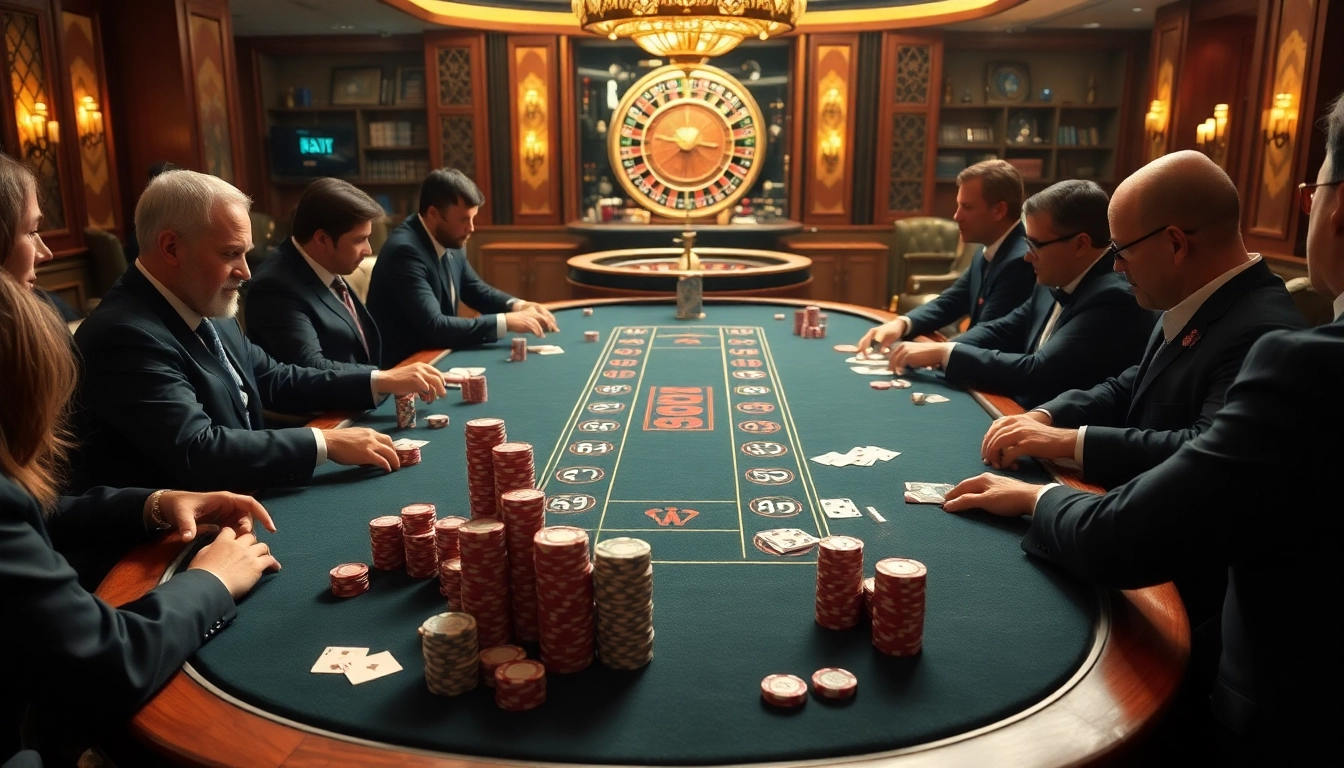 Gamblers enjoying a luxurious RR88 casino experience at a stylish poker table with chips and cards.