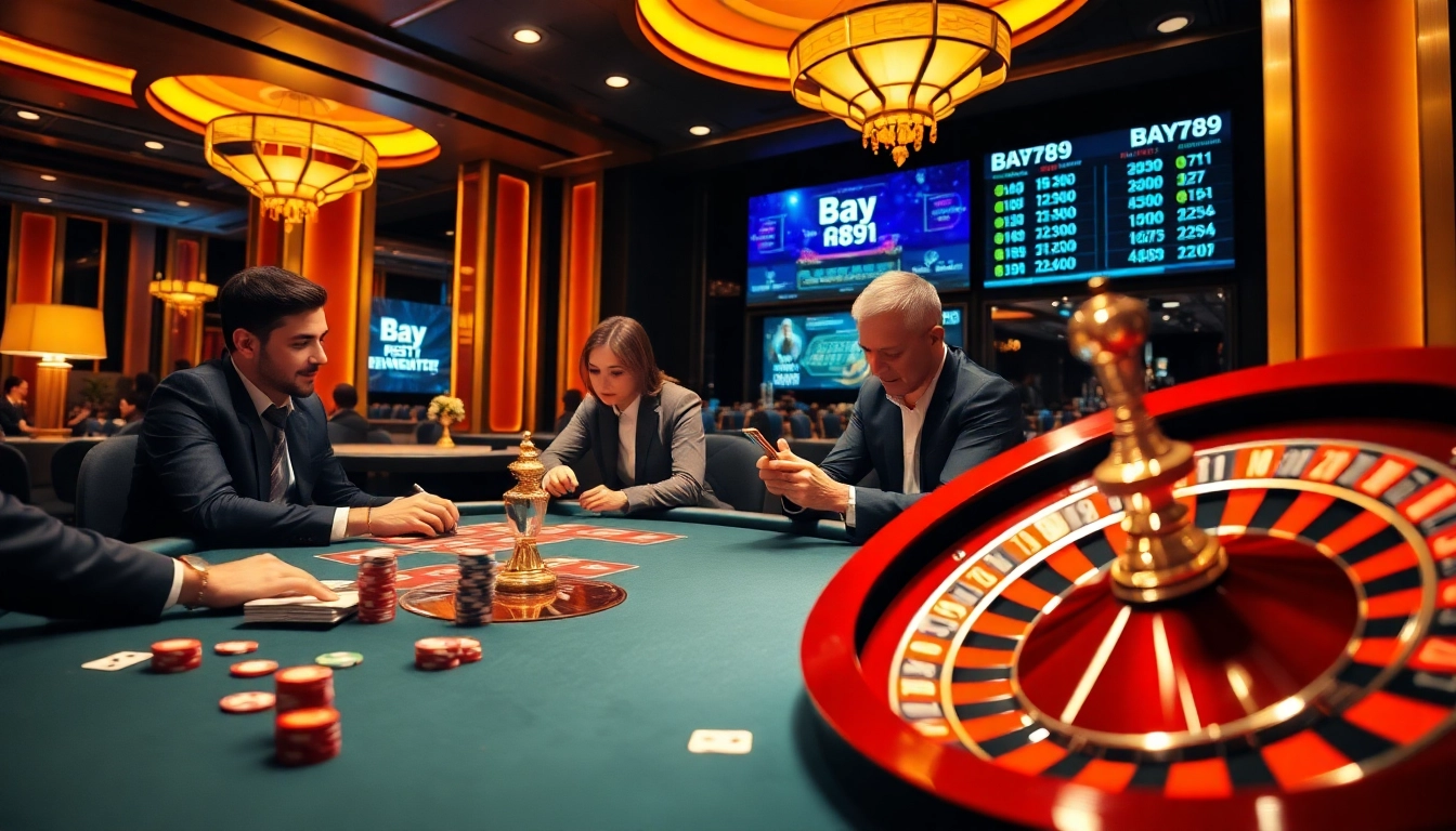 Engaged players enjoying a thrilling game at Bay789's online casino, showcasing cards and enthusiastic betting.