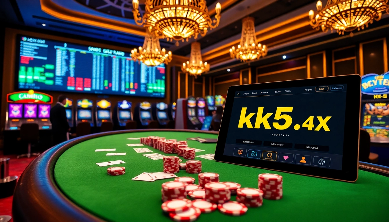 Experience thrilling gameplay at https://kk55.tax/ with an elegant casino scene featuring vibrant slot machines and poker.