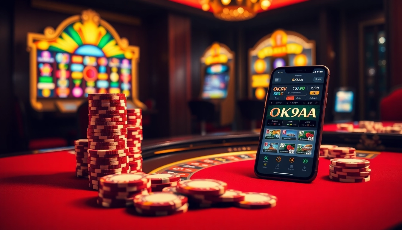 Players excitedly engage with OK9AA-themed casino elements like roulette and poker in a vibrant setting.