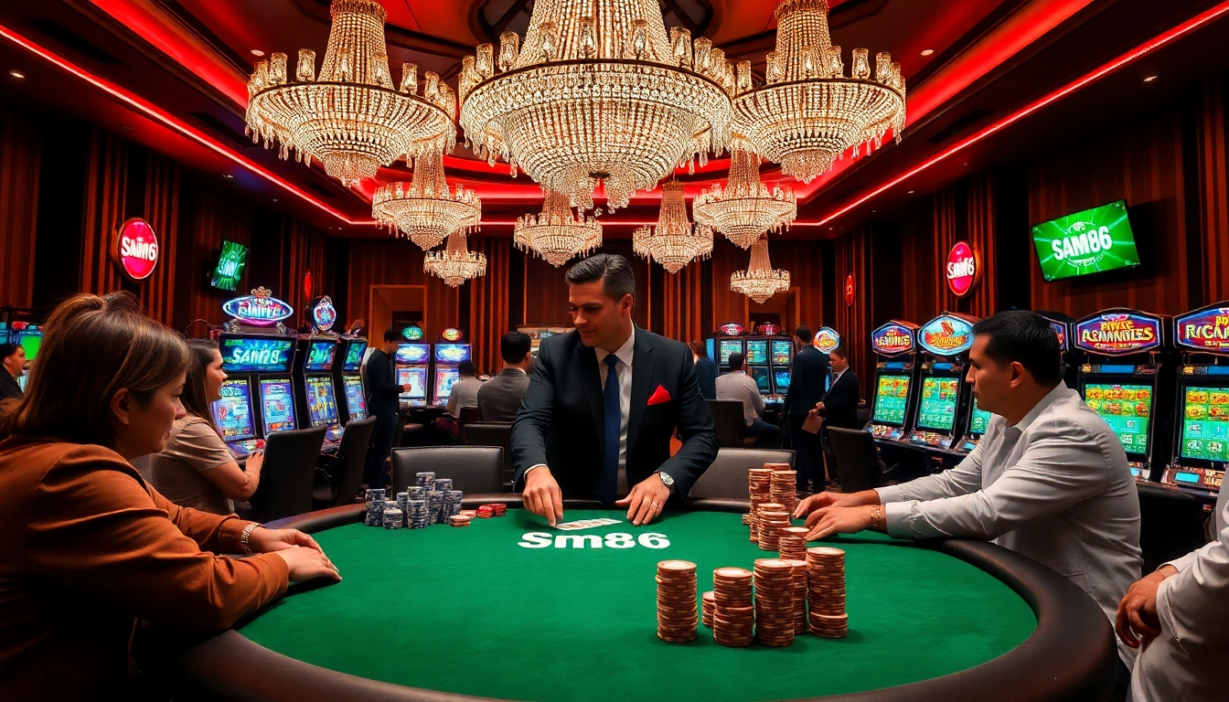 Sam86 casino table with vibrant poker action and colorful chips enhancing the gambling experience.