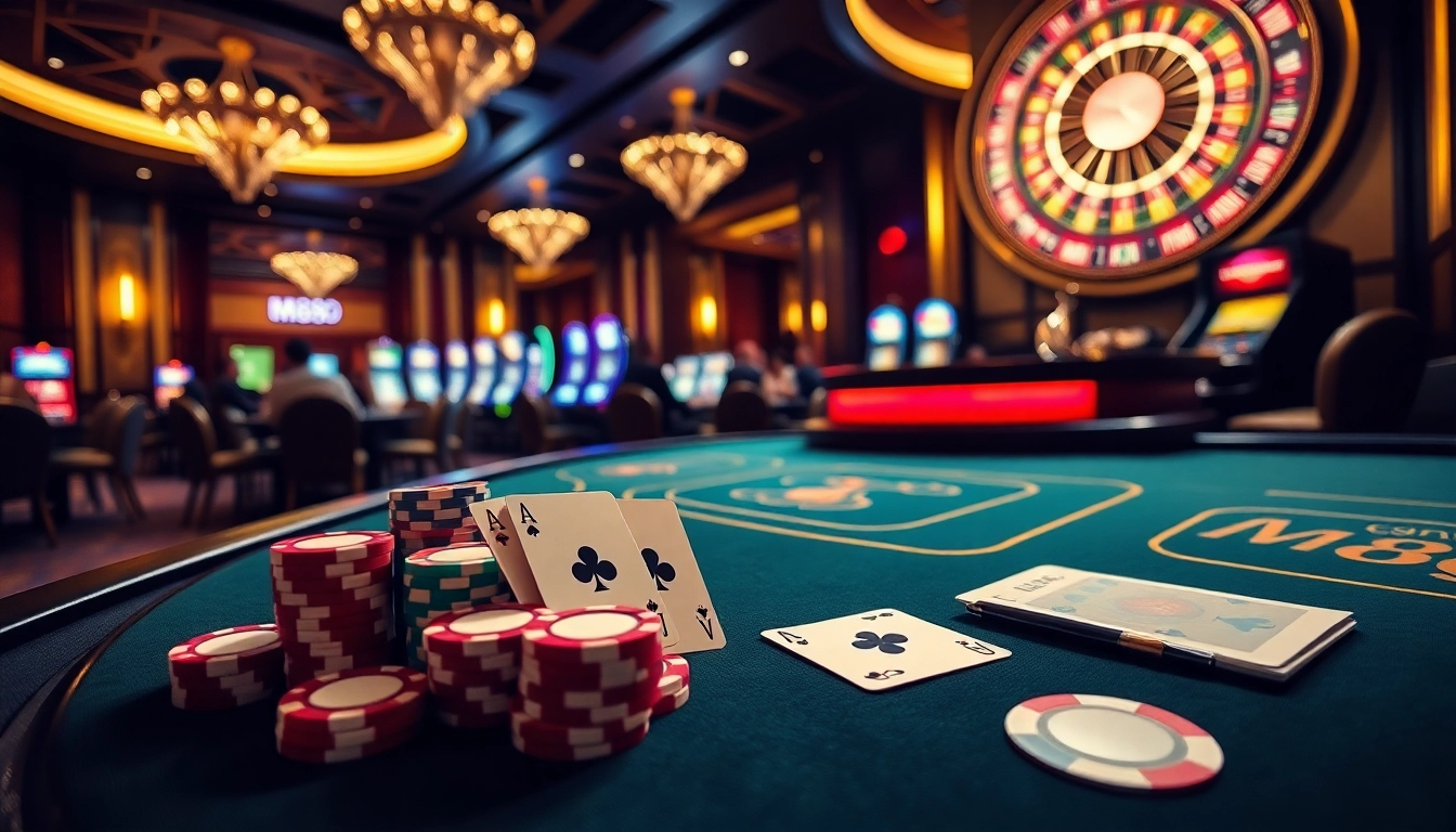 Exciting m88 casino scene featuring a vibrant poker table with colorful chips and cards.