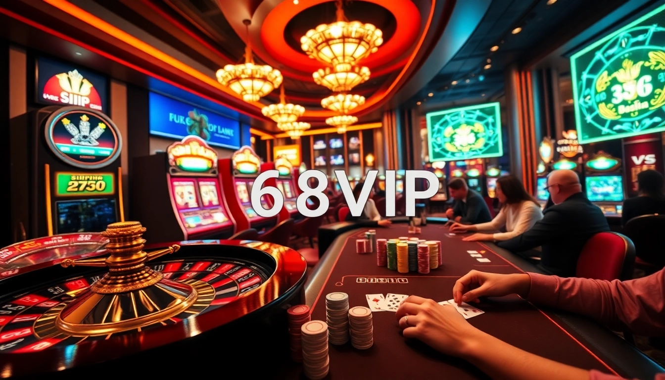 Experience the thrill of winning at 68VIP Casino with vibrant slot machines and poker chips.