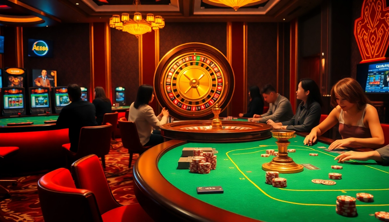 Gamble thrillingly at AE888's luxurious casino scene with poker chips and roulette wheel.