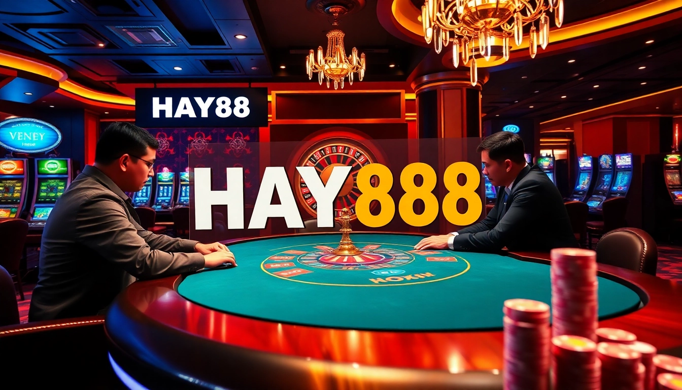 Players strategizing in a glamorous poker game at HAY88 casino, showcasing excitement and professionalism.