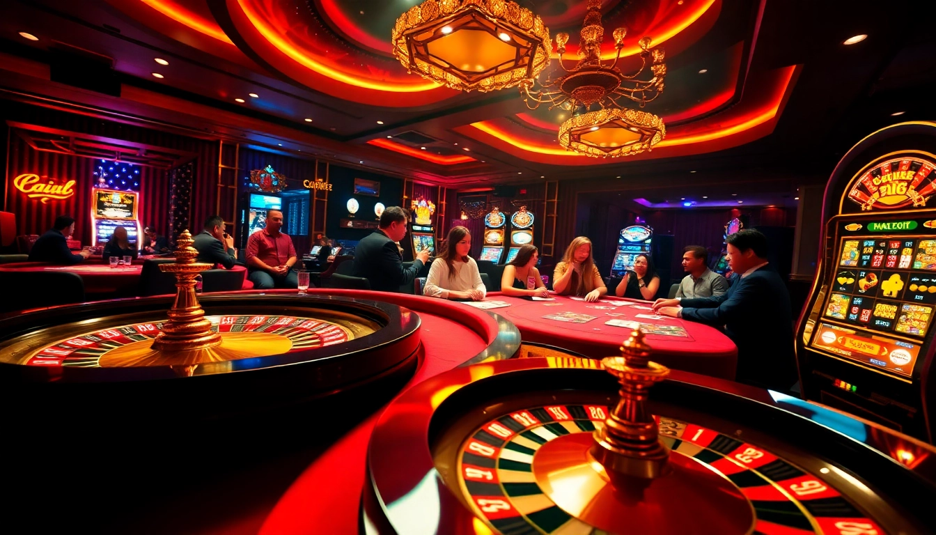 Players enjoy exciting gambling moments at https://jun88app.app/, featuring vibrant casino scenes with roulette and poker.