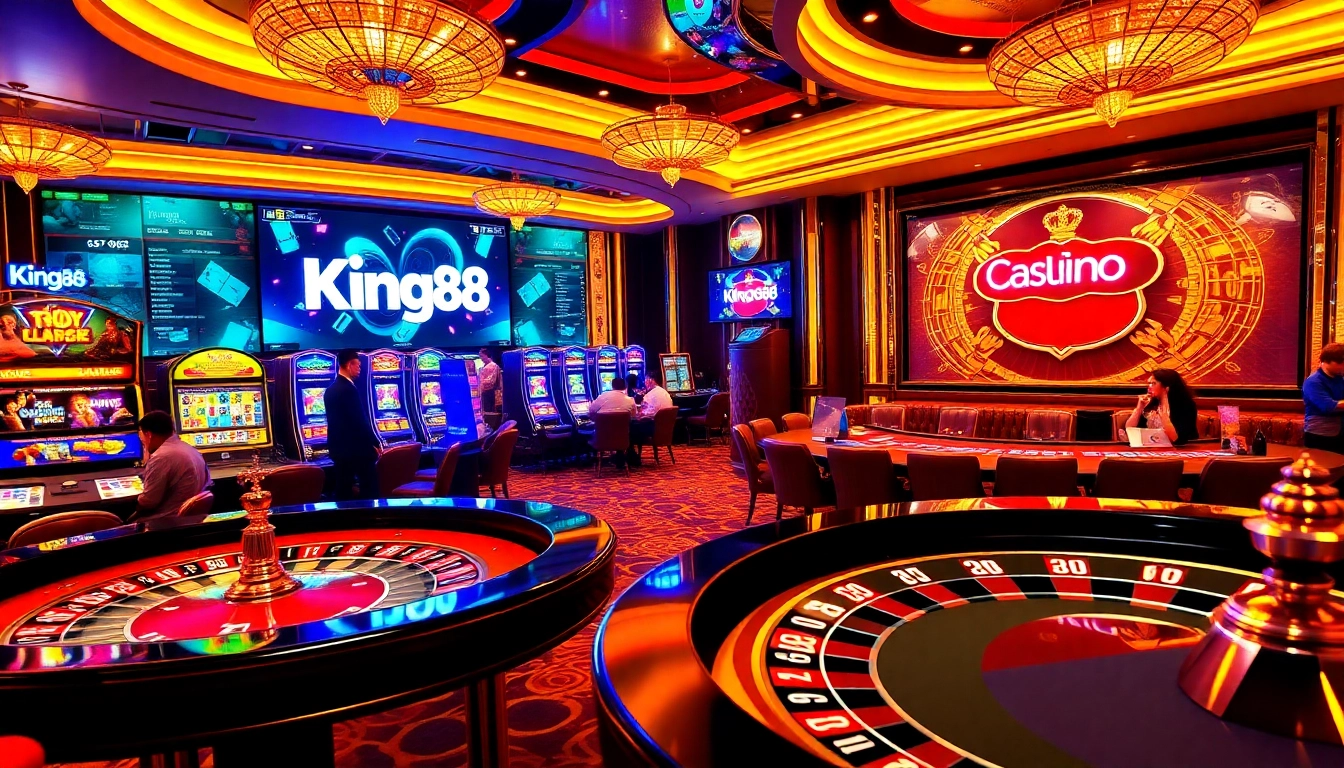 Experience the excitement of King88 with vibrant casino games, poker chips, and lively tables.