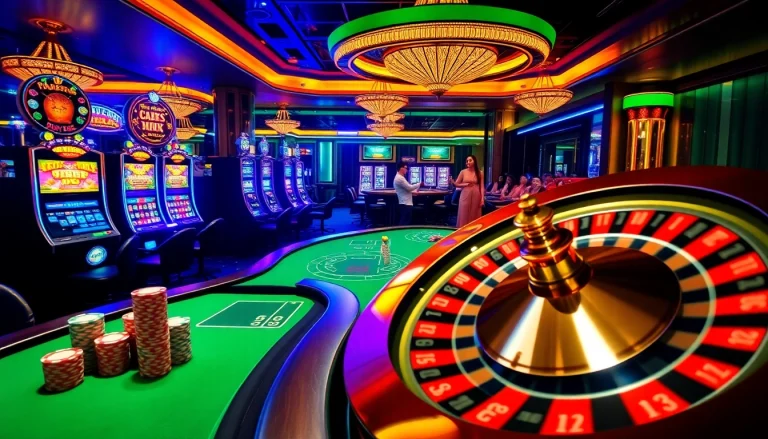 Experience the thrill of 555win with vibrant casino tables, chips, and spinning roulette wheels.