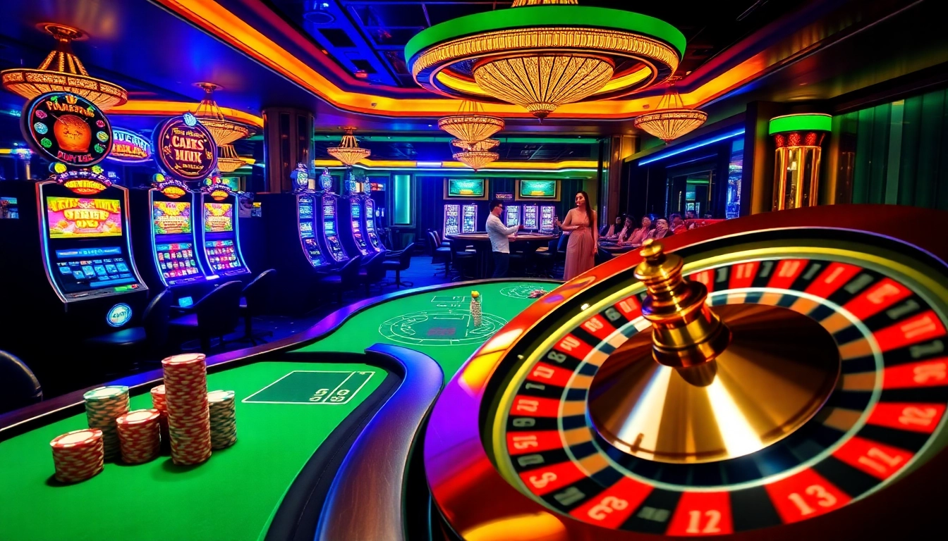 Experience the thrill of 555win with vibrant casino tables, chips, and spinning roulette wheels.