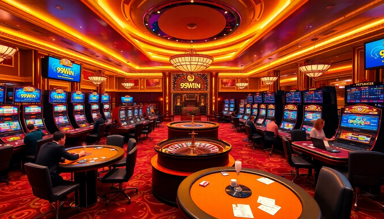 Experience the thrill of 99WIN at a luxurious casino featuring poker tables and vibrant slot machines.