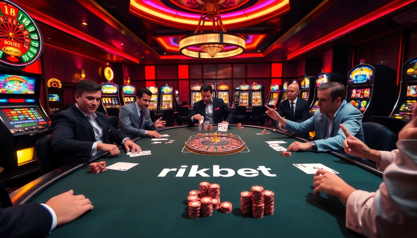 Experience thrilling poker gameplay at rikbet's casino, featuring vibrant tables and poker chips.