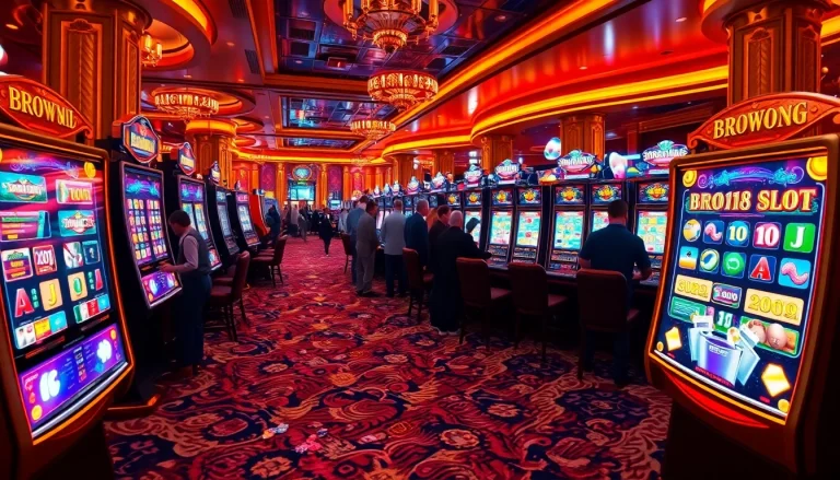 Experience the thrill of bro138 slot game action with vibrant slot machines in a luxurious casino setting.