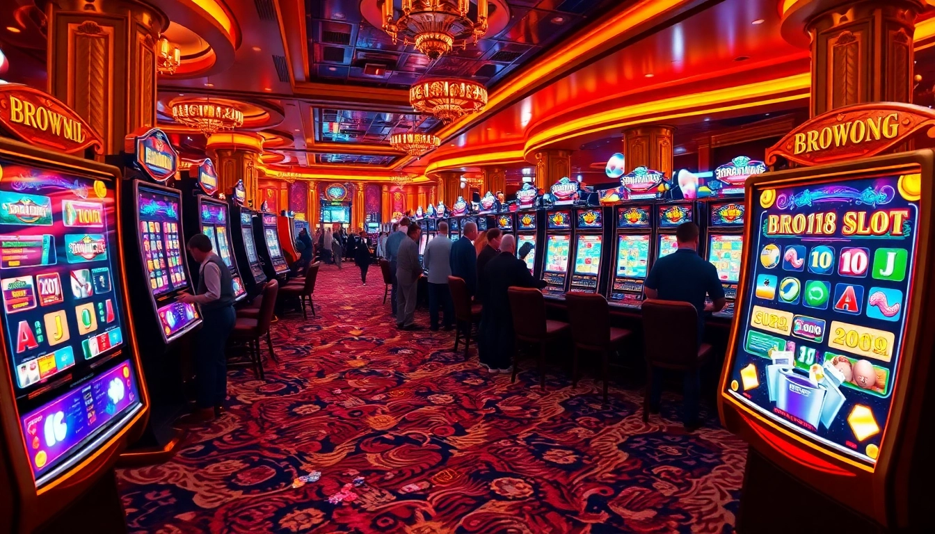 Experience the thrill of bro138 slot game action with vibrant slot machines in a luxurious casino setting.