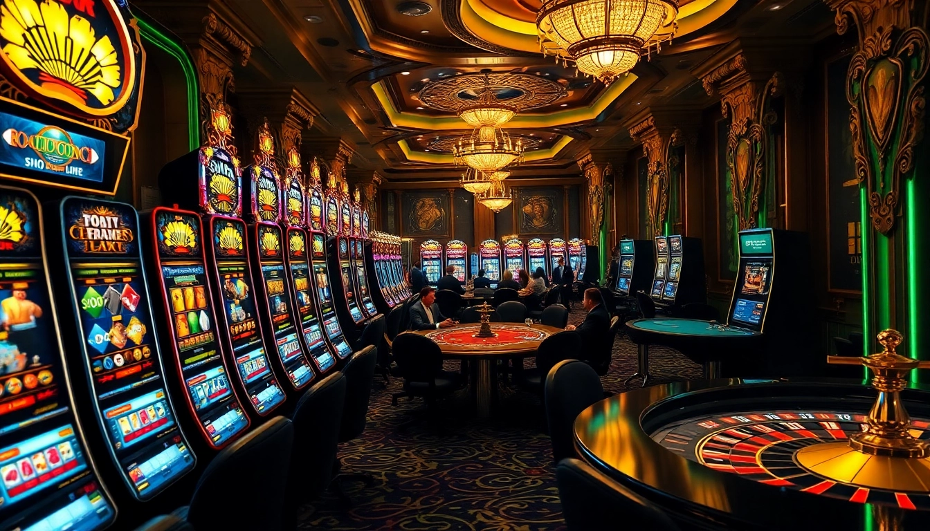Players celebrating a slot bonus victory at a luxurious casino, with vibrant machines glowing.