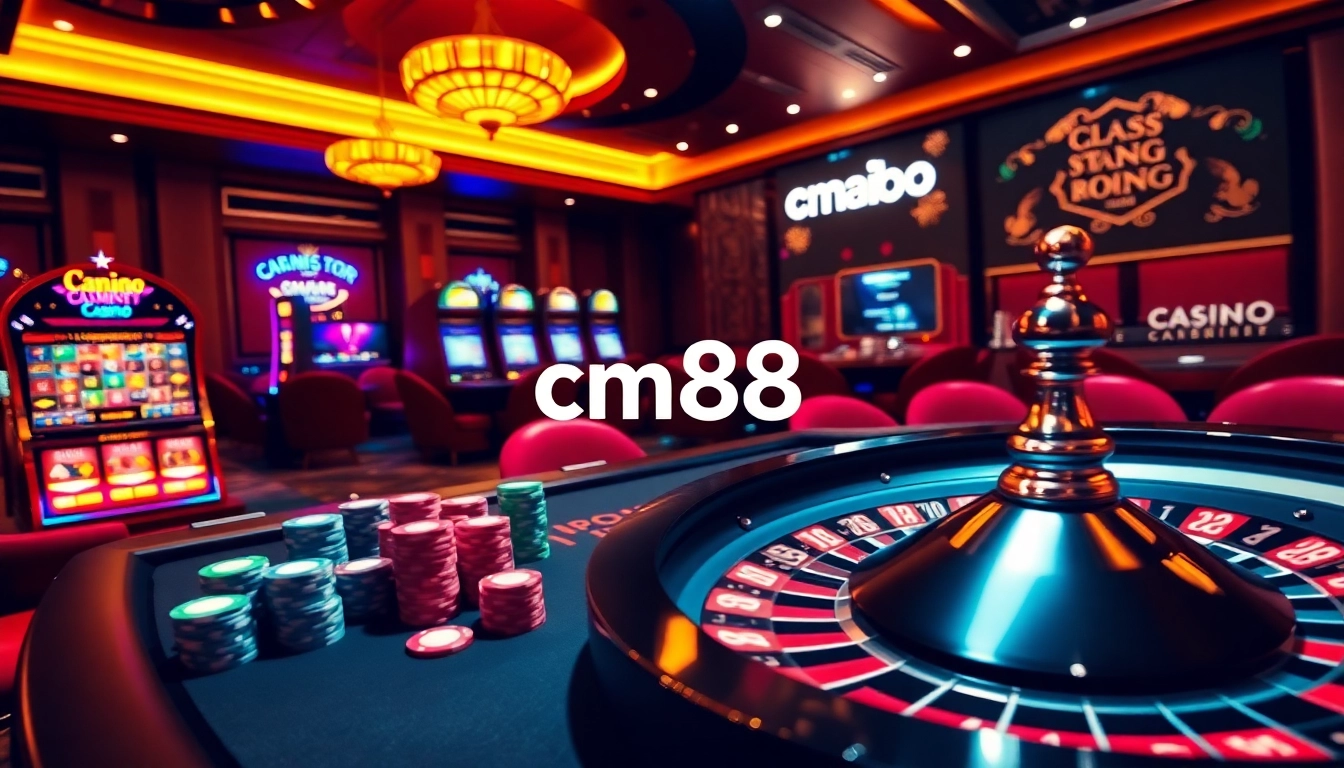 Gambling excitement at CM88 with vibrant gaming tables and spinning roulette wheels.