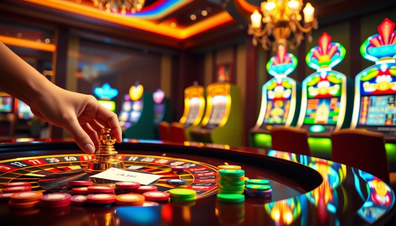 Experience thrilling casino action with ok8386 branded chips and a roulette table, capturing excitement and elegance.