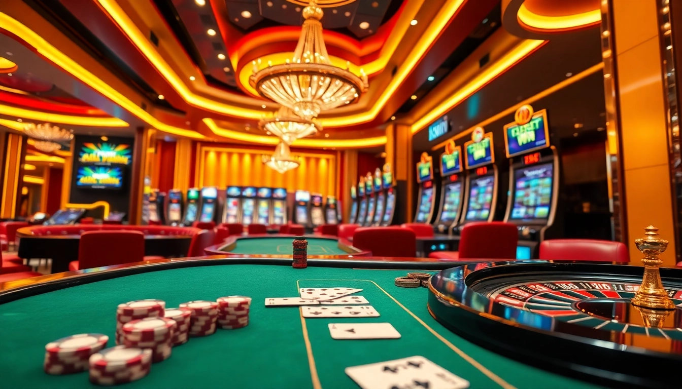 Kkwin casino scene filled with poker tables, roulette wheels, and slot machines, radiating luxury and excitement.