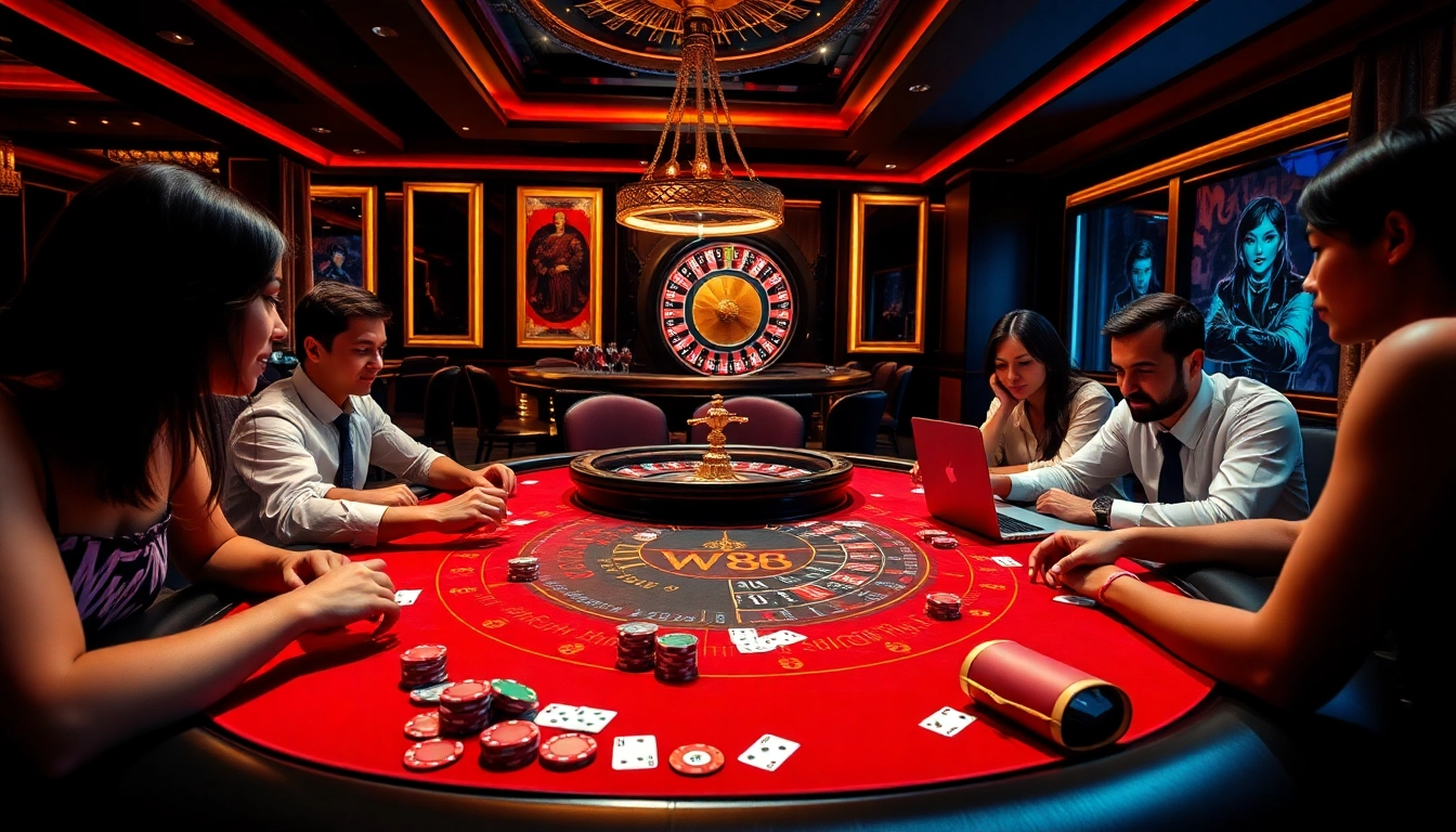 WW88 casino enthusiasts engaged in thrilling poker gameplay at a luxurious table.
