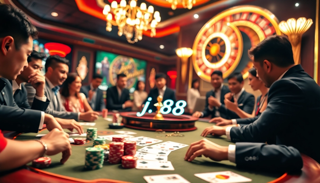 Exciting j88 casino scene with players at a vibrant gambling table showcasing chips and cards.