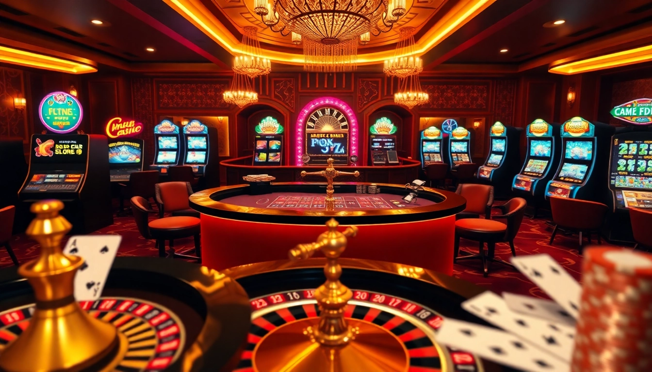 Experience the excitement of คาสิโนออนไลน์เว็บตรงในประเทศไทย with a vibrant casino scene showcasing live tables and luxurious gaming elements.