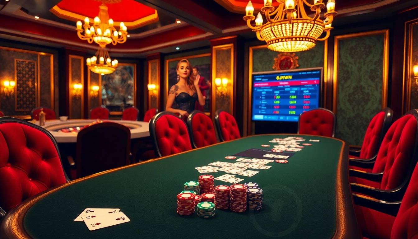 Players engaging in an exciting poker game at the sunwin casino table, surrounded by luxurious decor.