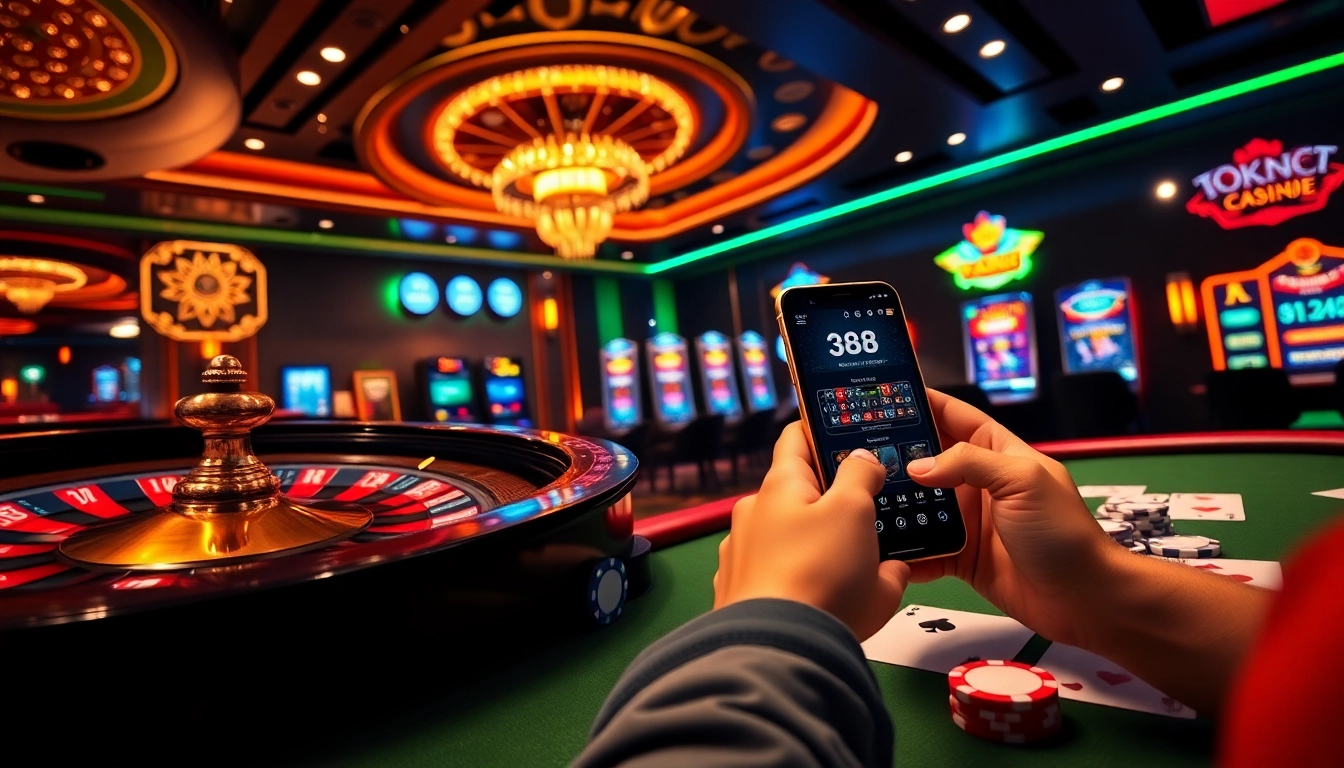 Experience thrilling gameplay with J88 at an exciting online casino featuring poker chips and a roulette wheel.