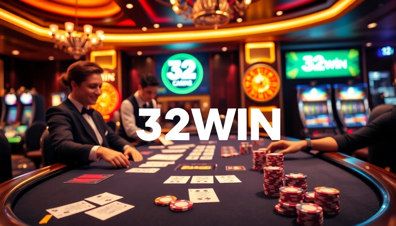 32WIN casino scene with poker table and vibrant branding in a professional, luxurious setting
