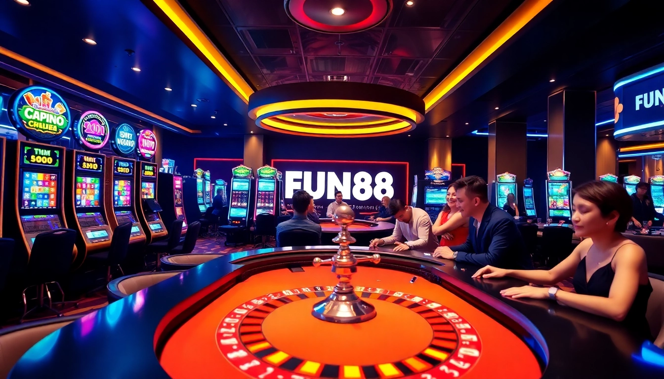Exciting FUN88 casino gaming scene with players at tables and vibrant slot machines.