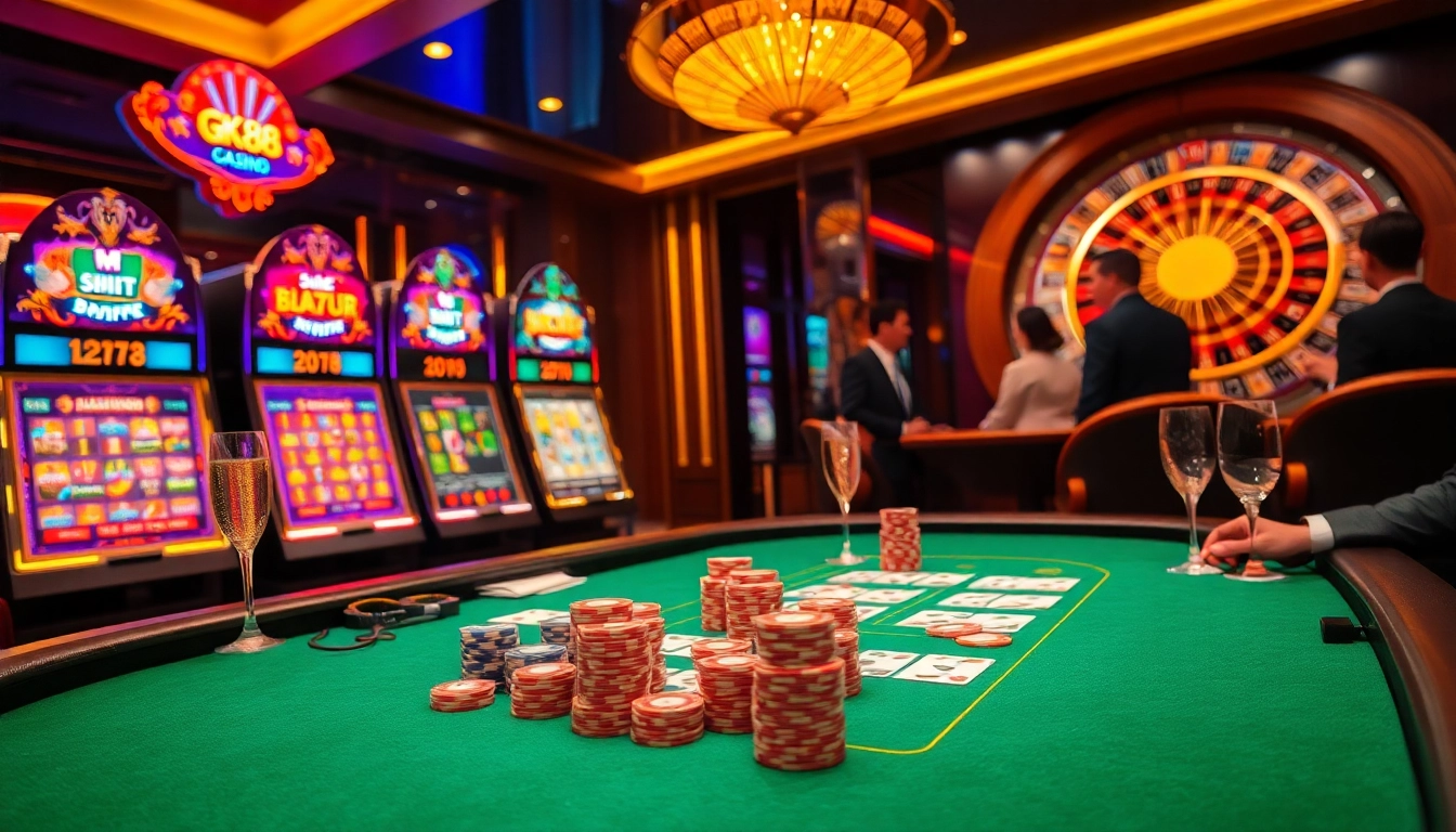 Engaging in strategic gameplay at GK88's luxurious casino with vibrant slot machines and an elegant poker table.