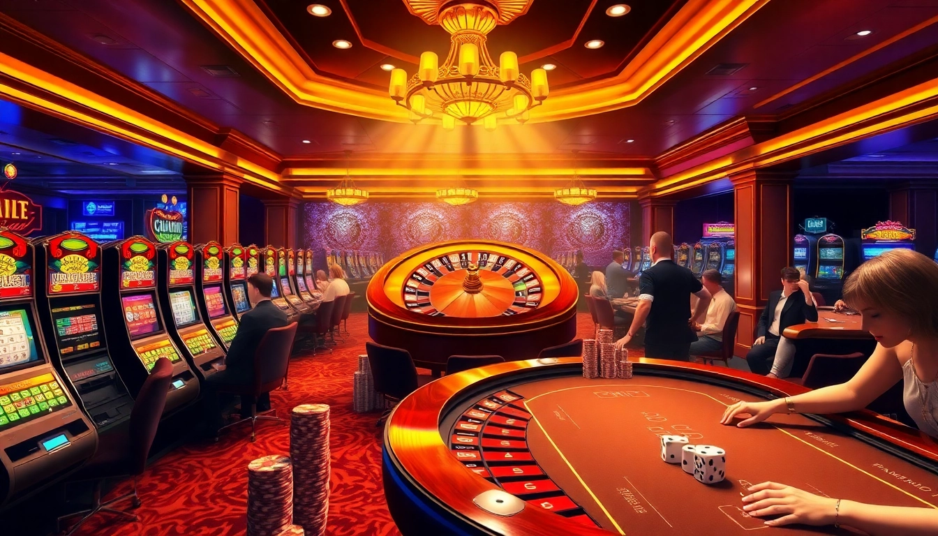 Players enjoying various games at the B52 casino, featuring vibrant slot machines and poker tables.