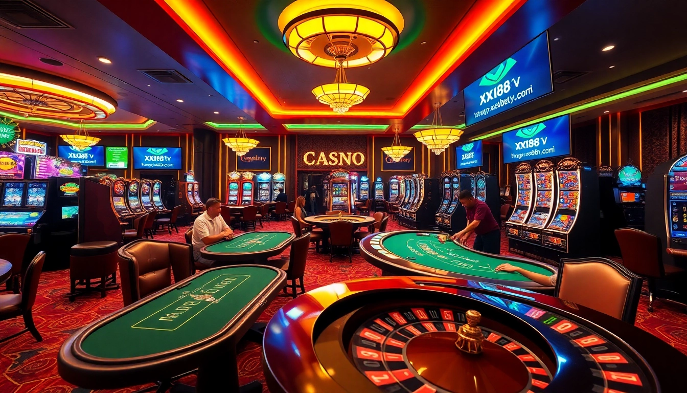Engage with thrilling action at https://xx88tv.com/ featuring crowded casino tables, vibrant slot machines, and a roulette wheel.