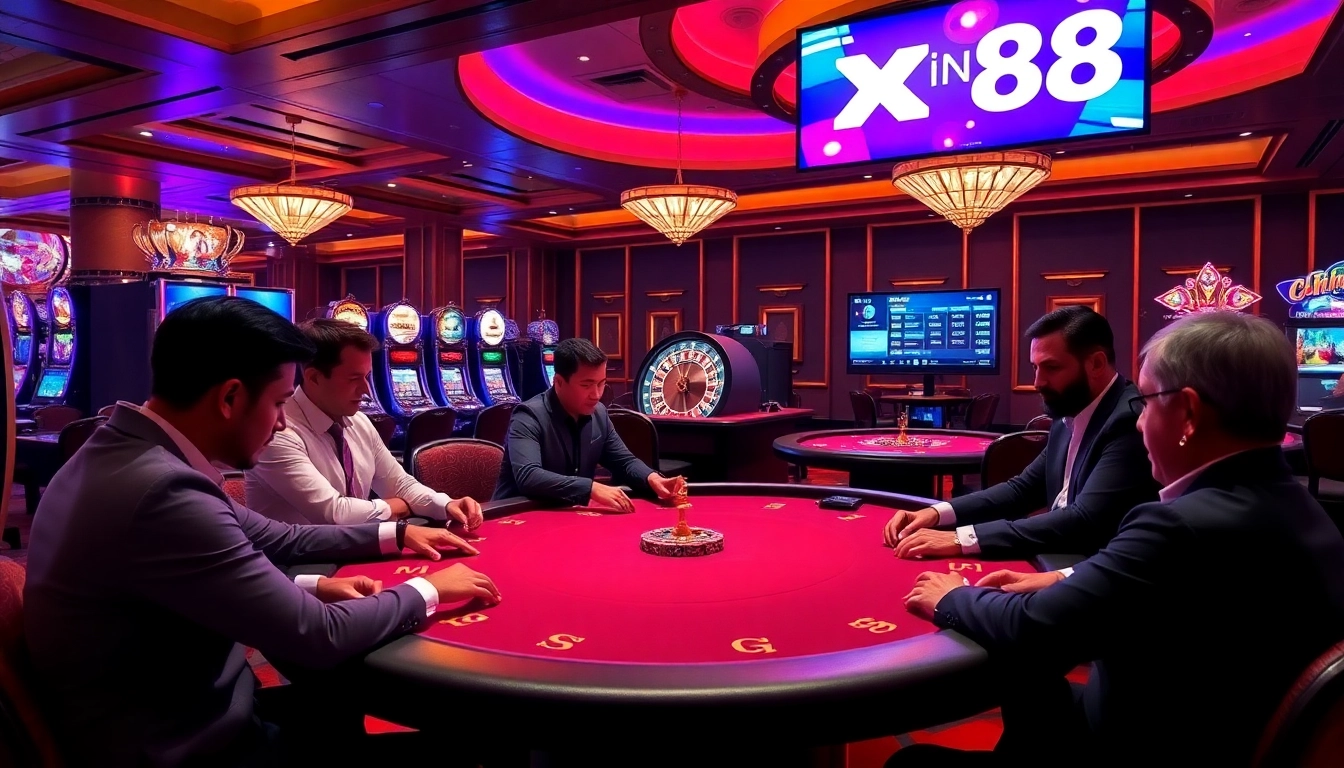 Experience high-stakes action at xin88's poker table in a luxurious casino.