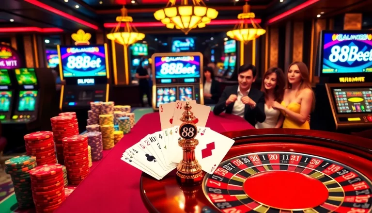 Gambling excitement at 88bet with vibrant casino tables, chips, and roulette.