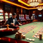 Players engaging in high-stakes gambling at shbet, featuring roulette and poker tables.