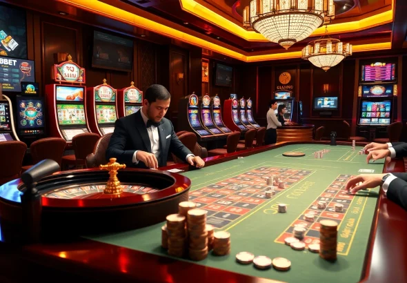 Players engaging in high-stakes gambling at shbet, featuring roulette and poker tables.