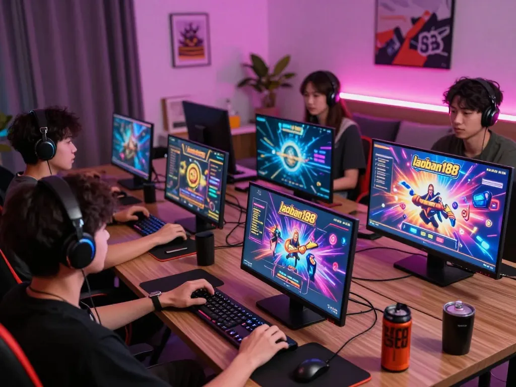 Pemain menikmati kegembiraan laoban188 dalam pengaturan permainan modern dengan layar berwarna-warni dan suasana yang nyaman.