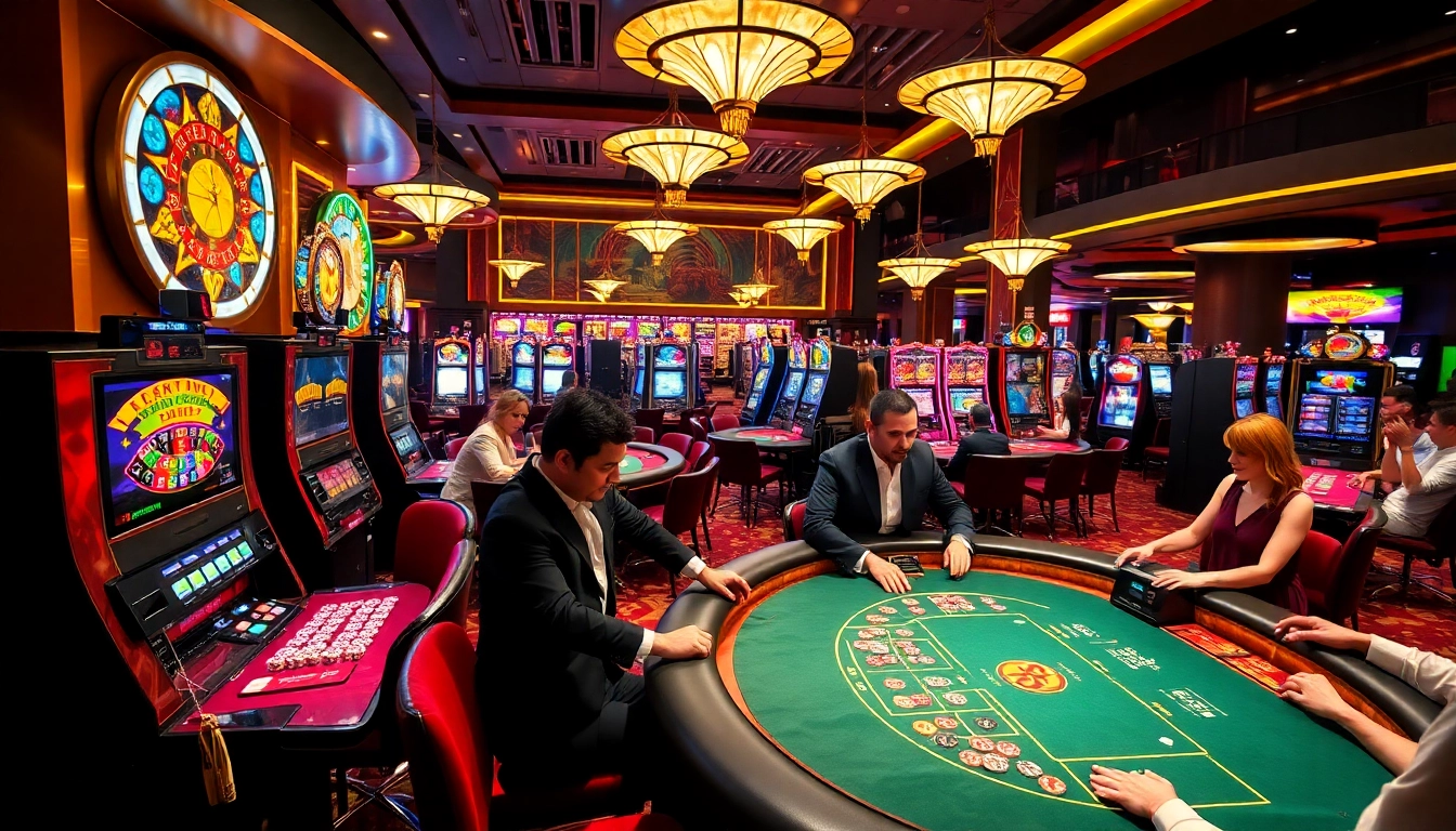 Engaged gamblers playing thrilling games at https://nekatwin.com/, featuring vibrant casino tables and slot machines.