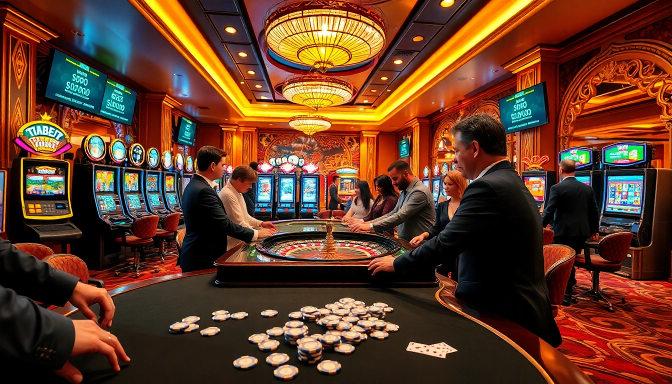 Players engaging at a roulette table in a luxurious casino scene with tabet-related betting odds displayed.