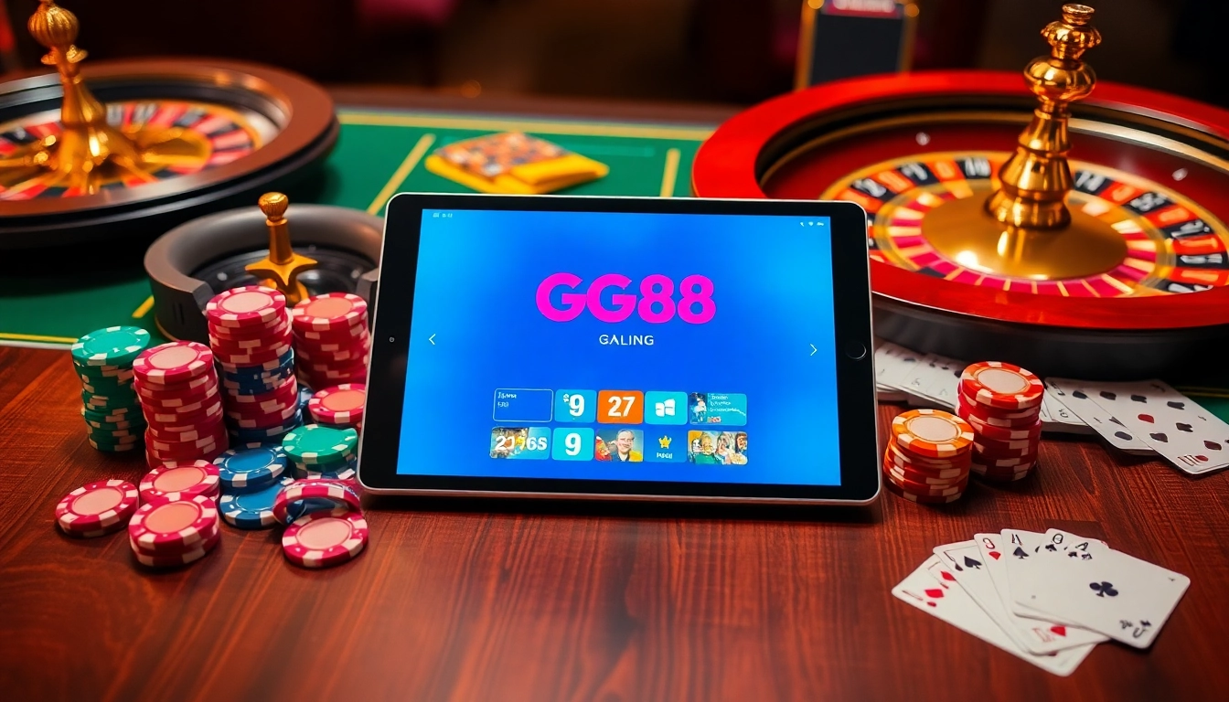 Table set for gaming with GG88 online interface, poker chips, roulette wheel, and cards.