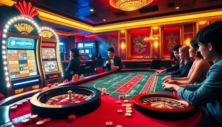 Pemain sedang menikmati permainan JPTOTO yang mendebarkan di meja kasino yang ramai dengan chip berwarna-warni.