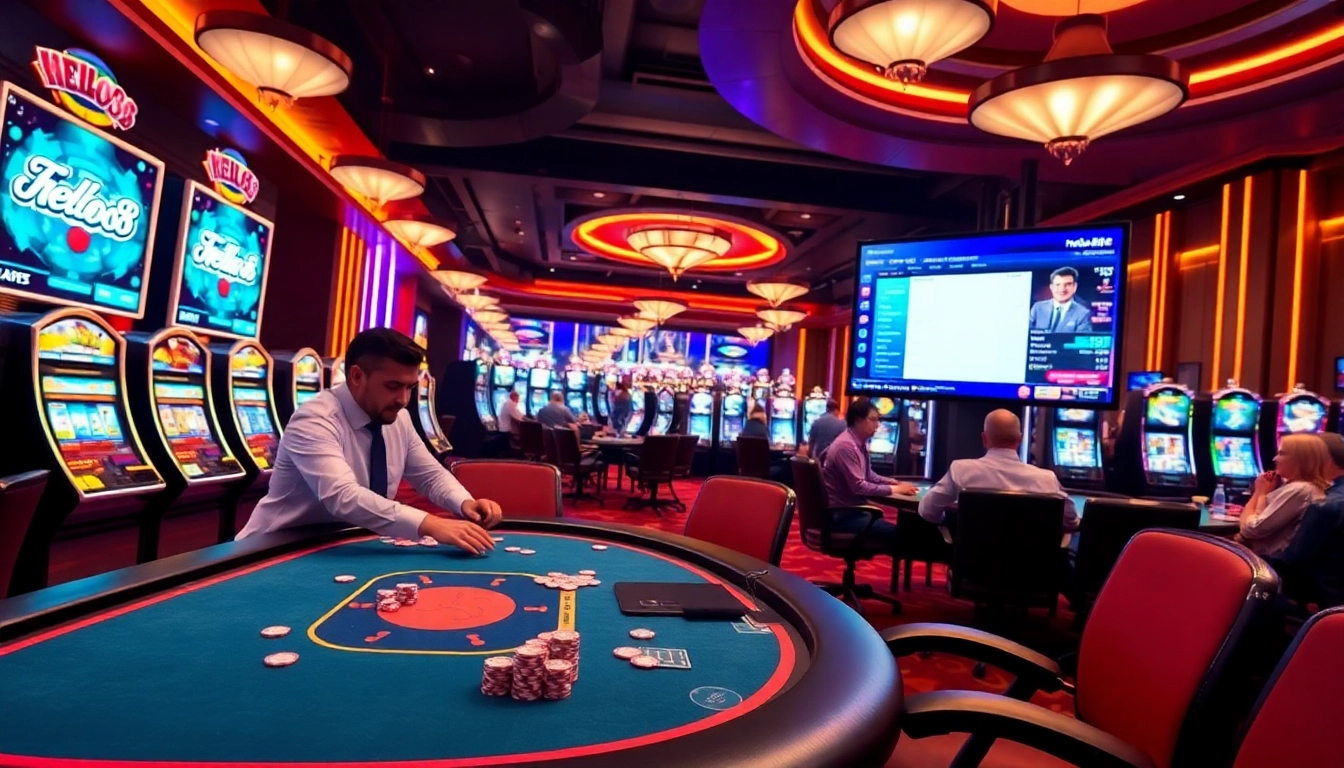 Engaging players with the hello88 bot in a vibrant casino setting filled with poker chips and bright slot machines.